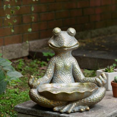 Glitzhome MGO Bronze Meditating Yoga Frog Statue with Birdbath Zen-style Sculpture Indoor Outdoor Figurine