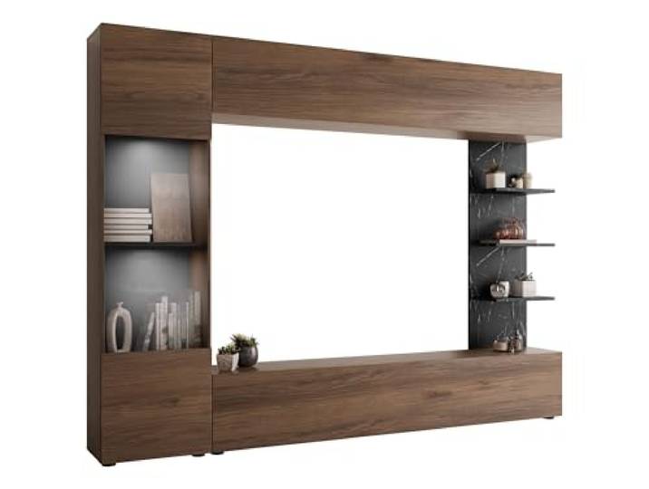 Mirjan24 Wohnwand Lazando, 4-teilig, weißer LED (Nuss Warmia/Marmor Schwarz Anbauwand mit Hängeschrank, Vitrine, TV-Lowboard und Wandregal, 7 Fächern und grifflosen Fronten, B/H/T: 250/187/30 cm