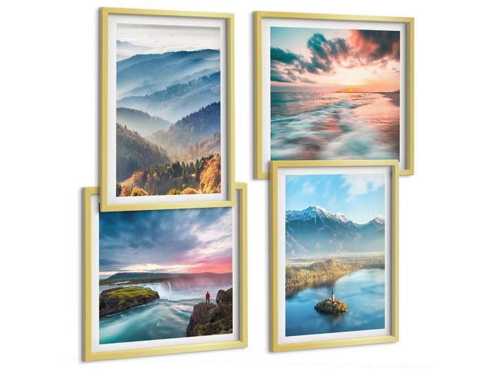 Tulup Bilder SET 4er Set - 50x50 cm & 40x60 cm Goldrahmen - Berglandschaften, Wasserfälle, Goldfarben, Kunststoff, Rechteckig, 50x50 cm, gerahmt, Bilder & Rahmen, Bilder