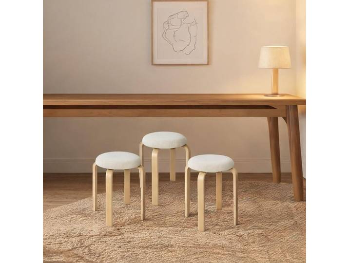 Tabourets empilables ronds en bois et polycoton effet lin set de 4 - 40 x 40 x 45 cm