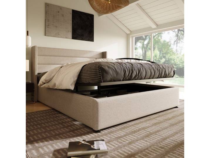 Bladez - Lit coffre 140x200 cm en tissu beige lit double capitonné avec rangement hydraulique - Beige