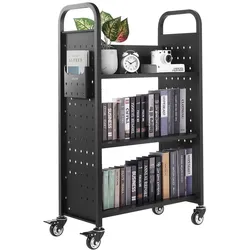 VEVOR Bücherwagen, 150 kg Tragkraft, Bibliothekswagen, 77 x 38 x 122 cm, einseitiges L-förmiges Bücherregal mit Doppelbremsrollen, Bücherregalwagen für Wohnzimmer, Büro, Schule, Schwarz