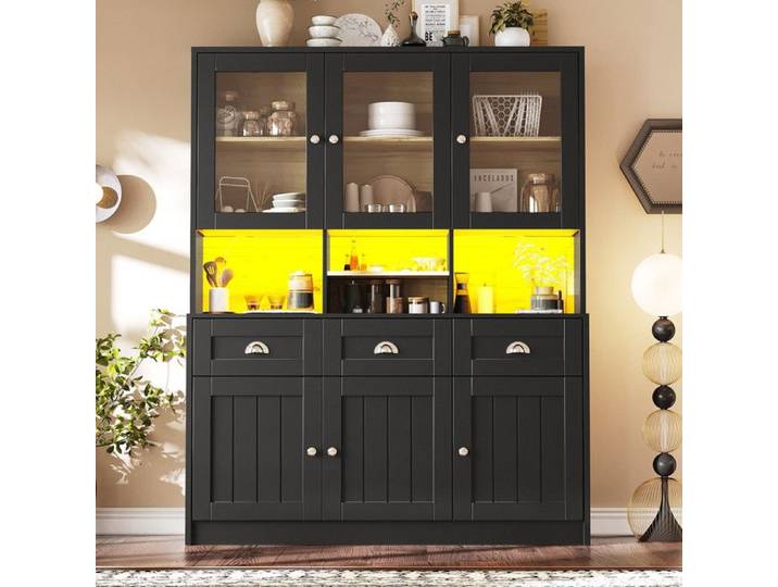 Armoire de Cuisine Noir Buffet Vitrine Étagères Réglables Poignées Métal Éclairage LED Intégré Armoire Haute-Rangement Réglable