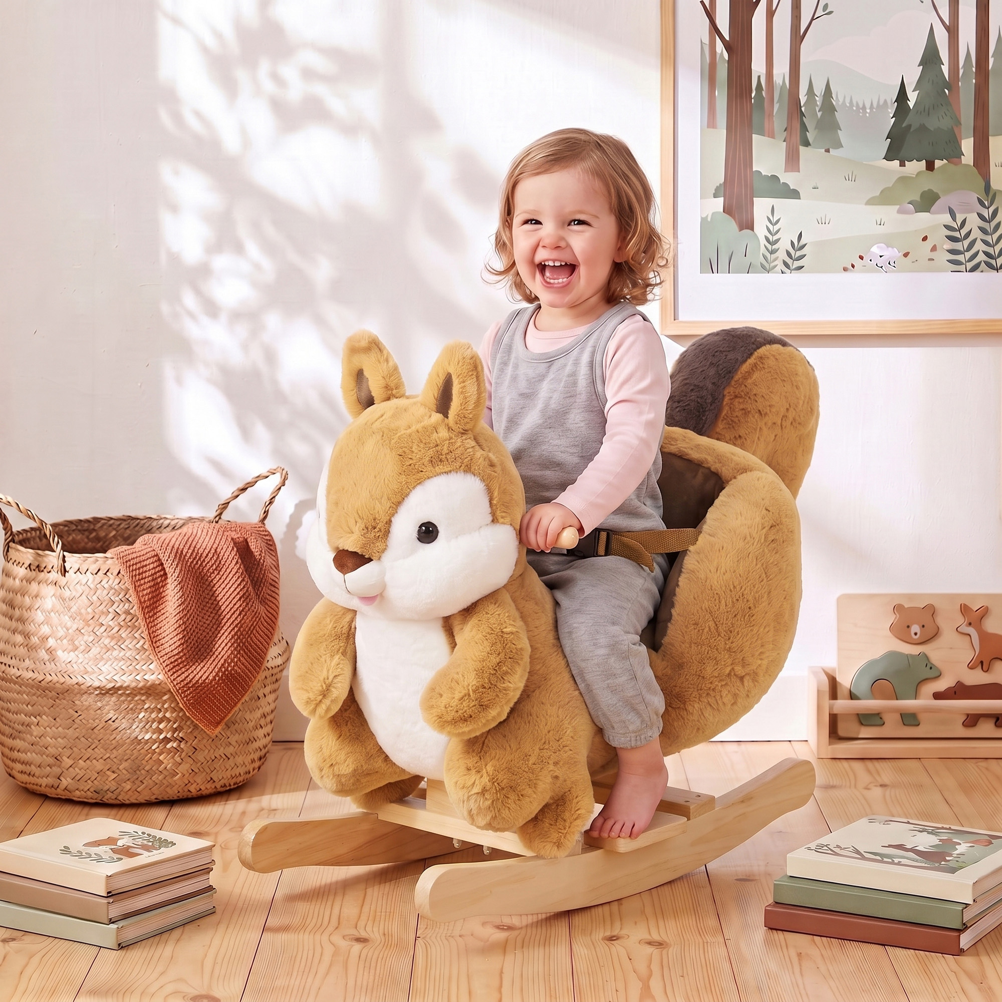 Aiyaplay Dondolo per Bambini 1-3 Anni a Scoiattolo in Peluche, Suoni, Cintura di Sicurezza, Marrone   Aosom Italy