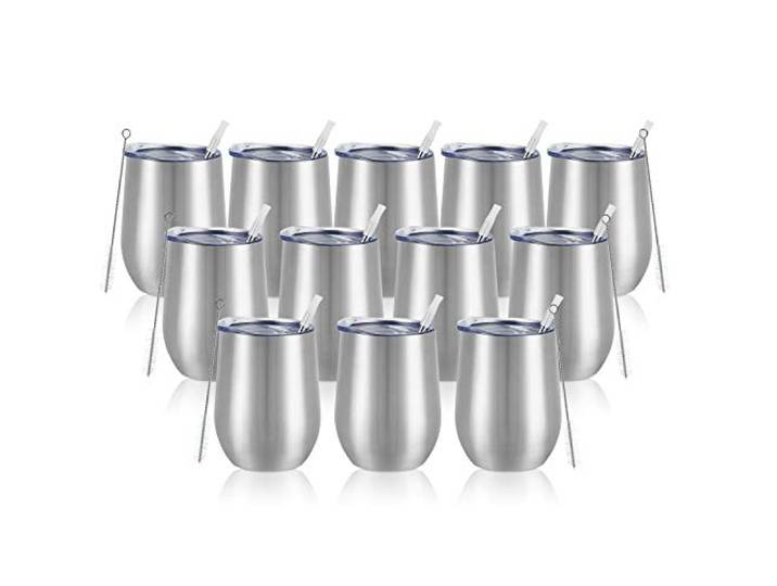 Weingläser aus Edelstahl, doppelwandig, vakuumisoliert, mit Deckel und Strohhalmen, Edelstahl-Weingläser ohne Stiel, für Kaffee, Wein, Cocktails, Champagner, silberfarben, 12 Stück