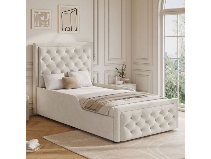 URTR Lit coffre hydraulique 90x200 cm lit simple rembourré sommier à lattes tête de lit capitonné tissu velours Beige