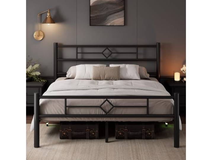 Feonase Metallbett 140x200 mit Kopfteil und Fußteil, Bett mit Unterbettkasten, Bettgestell 140x200 Massive Metalllamellenstütze, geräuschfrei, Schwarz