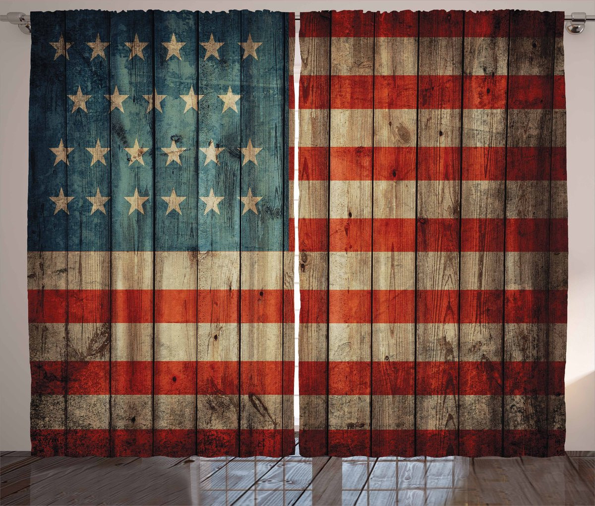 ABAKUHAUS USA Gordijnen Fourth of July Independence Day Patriot Oud Hout Rustiek, 2-delige set, Breedte: 280 cm, Lengte: 225 cm, Rood Blauw