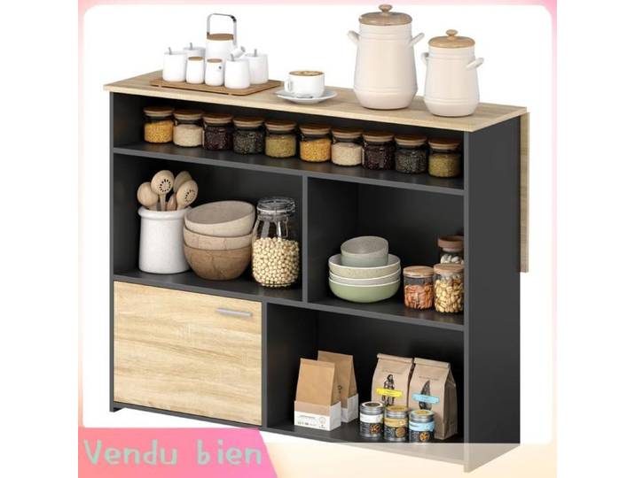 LIA Table bar extensible abattant haute cuisine 1 placard 4 compartiments ouverts 116x79 6x90 5 cm noir