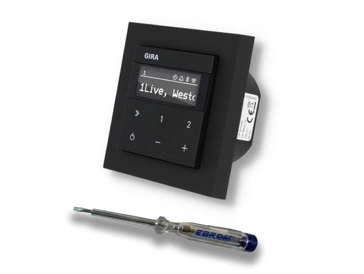 Gira Unterputz IP Internetradio 232003 + Bluetooth - E2 schwarz matt mit 1fach Rahmen Gira 021109 inkl. EBROM Phasenprüfer zur Montage des Geräts