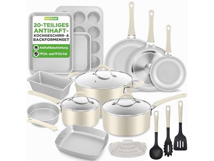 NutriChef Topf- & Pfannenset Induktion 20-teilig Weiß – Antihaft-Kochgeschirr mit Deckeln & Backformen in Braun PFOA-frei, für gesundes Kochen & Backen, Aluminium Töpfe & Pfannen, für alle Herdarten