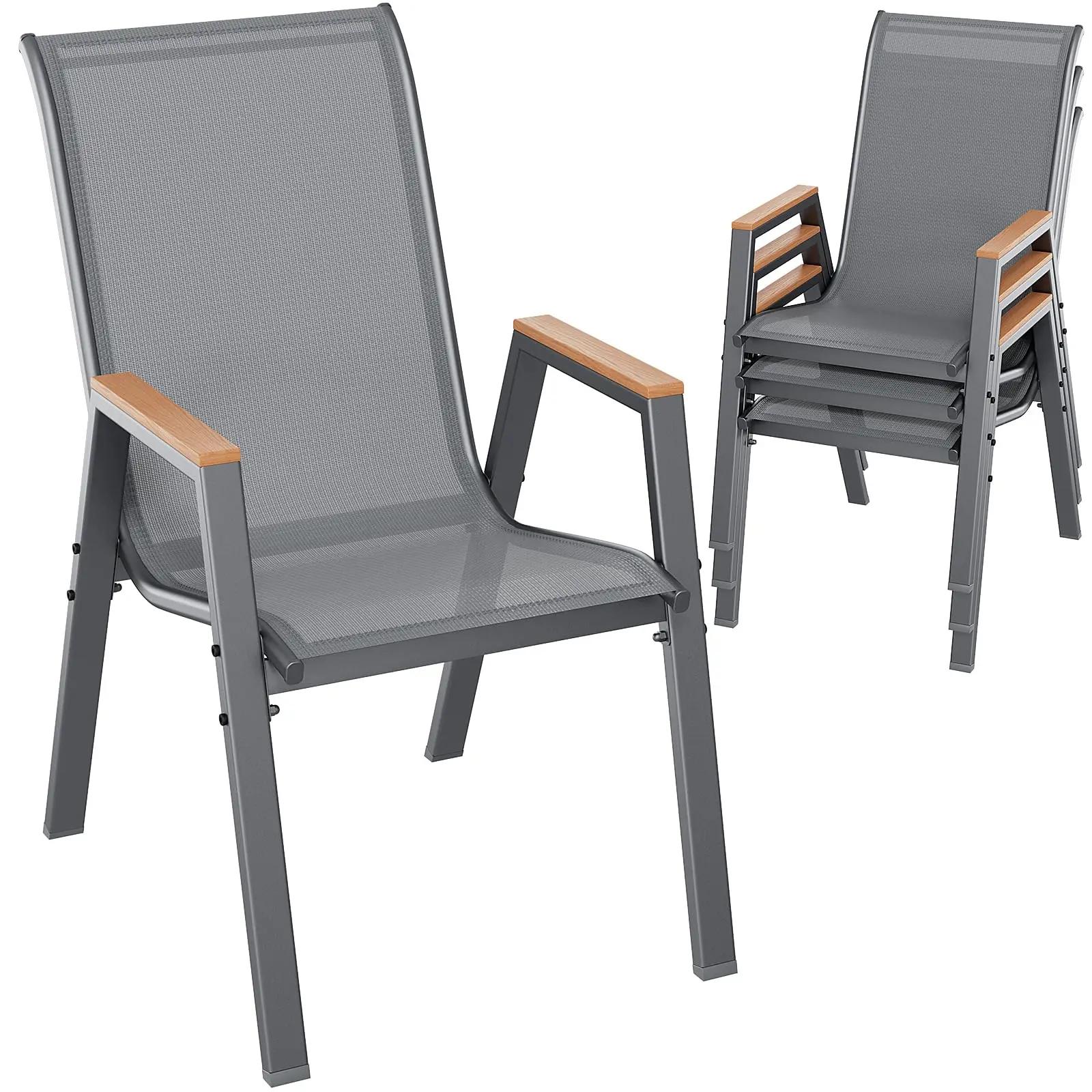 Gartenstühle - Stapelbare Outdoor Stühle 4er Set - Hohe Rückenlehne & Armlehnen - Textilene Sitzfläche & Metallgestell - bis 150 kg - Grau