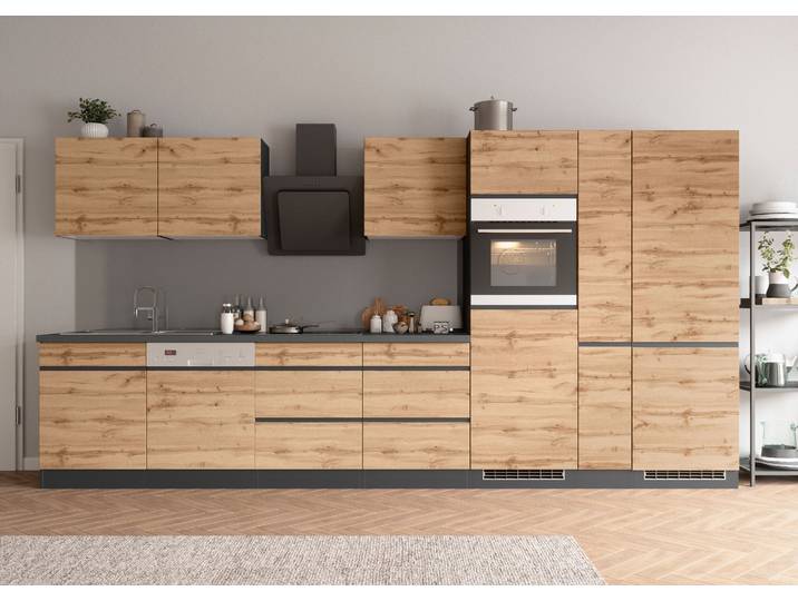 Küchenzeile KOCHSTATION KS-Riesa , braun (küche: natur, front: wotaneiche, korpus: grafitgrau, arbeitsplatte: betongrau), B:390cm H:200cm T:60cm, Komplettküchen-Sets, Küchenzeile, Stellbreite 390 cm, ohne E-Geräte