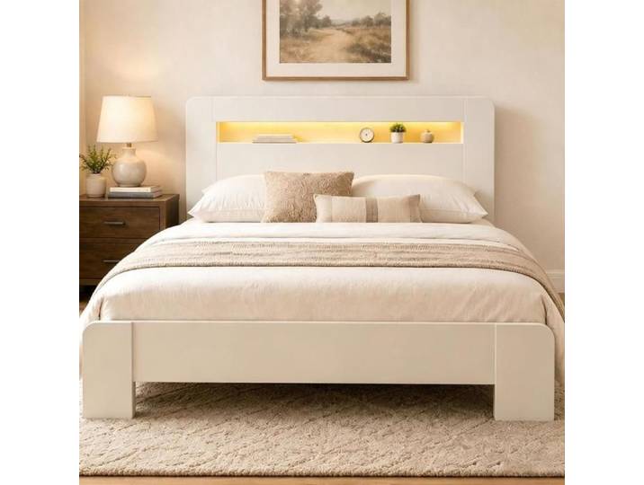 Lit plateforme - KOMHTOM - 140x200 - Tête de lit avec rangement - LED intégrée - Prises intégrées