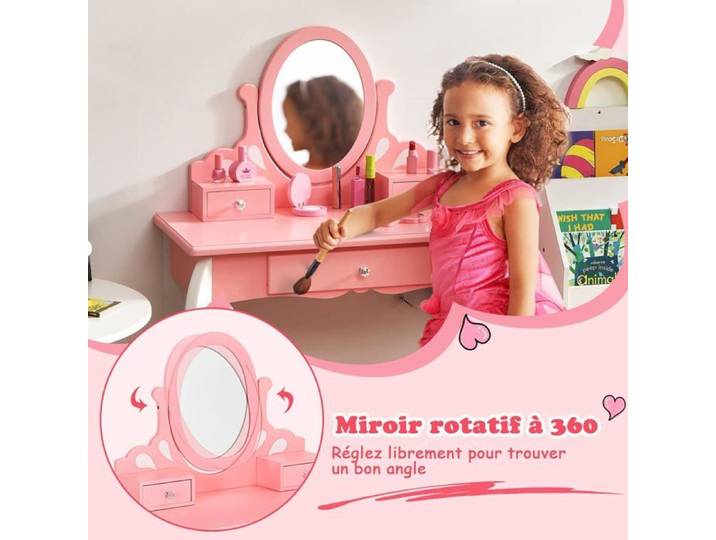 GIANTEX Coiffeuse Enfants avec Miroir Rotatif à 360 °Amovible avec Tabouret Confortable 3 Tiroirs Cadeau pour Filles Rose