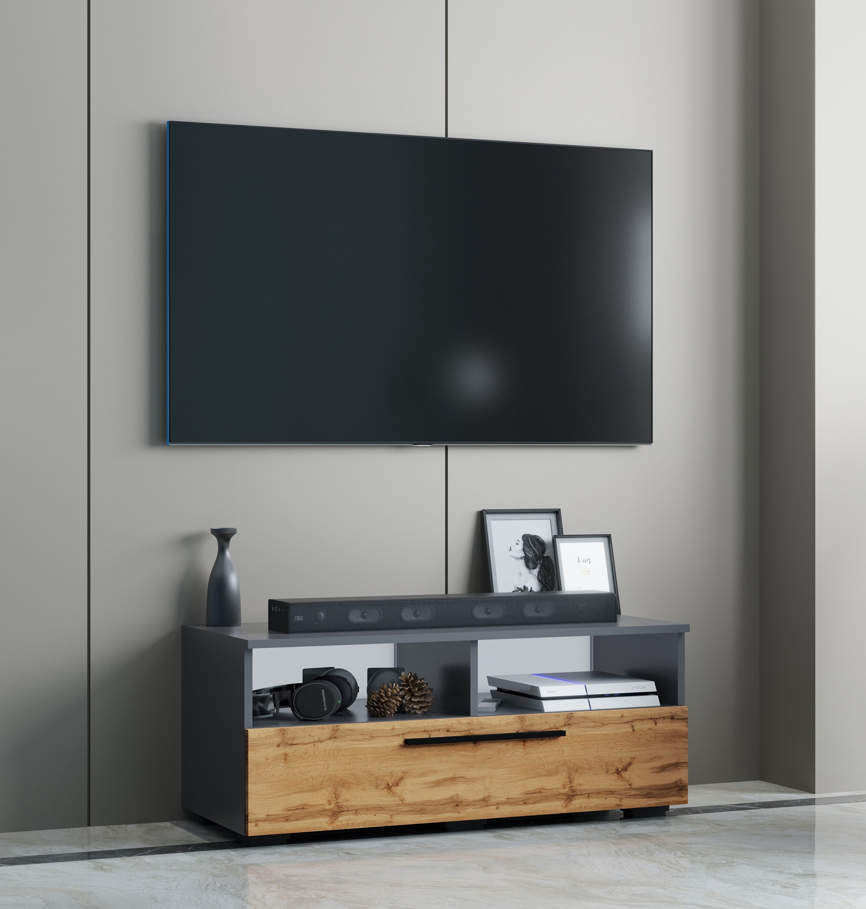 Wohnzimmertisch VCM "Holz TV Lowboard Möbel Fernsehschrank Arila XL", braun (anthrazit, honig, eiche), B:115cm T:40cm, Regale, Wohnzimmertisch