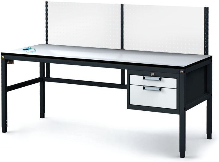 Alfa 3 Antistatische ESD-Werkbank mit Lochplatte, 2 Werkzeugkästen mit Schubladen, 1800x800x745-985 mm