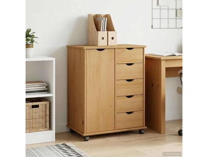 HPUYRFG Rollschrank Massivholz Kiefer Honigbraun mit Rollen und Schubladen Verstellbare Regale, sanft gleitende Schubladen, robuste Rollen, pflegeleichte Oberfläche, vielseitig einsetzbar