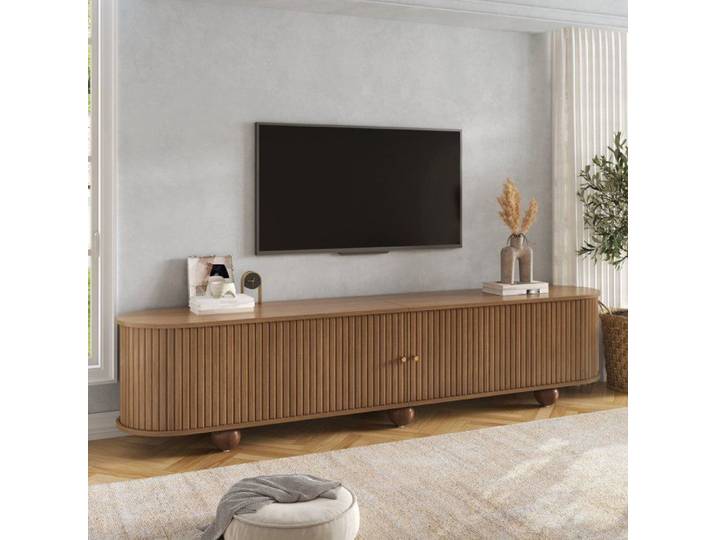 Meuble TV 180x35x45 cm portes coulissantes rétro mobilier de salon portes coulissantes à rainures verticales pieds boule noyer