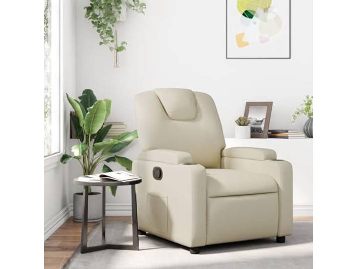 IBUQDDV Relaxsessel Creme Kunstleder mit Manueller Liegefunktion 135 Grad Manuelle Neigung bis 135 Grad, Holz-Metall-Rahmen, 2 Getränkehalter, Seitentasche, 110 kg Belastbarkeit