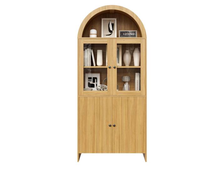 Flieks Vitrinenschrank Bogendecke Glas Türen Wellenmuster Weiß, Naturfarben, 40x176x78 cm, Esszimmer, Vitrinen, Vitrinenschränke