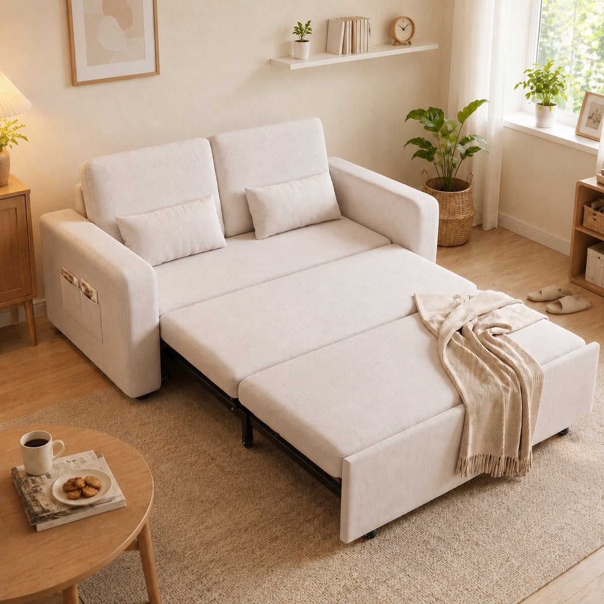 Xbro Slaapbank 2 persoons, 3-in-1 opvouwbare bank en bankstel met slaapfunctie, beige