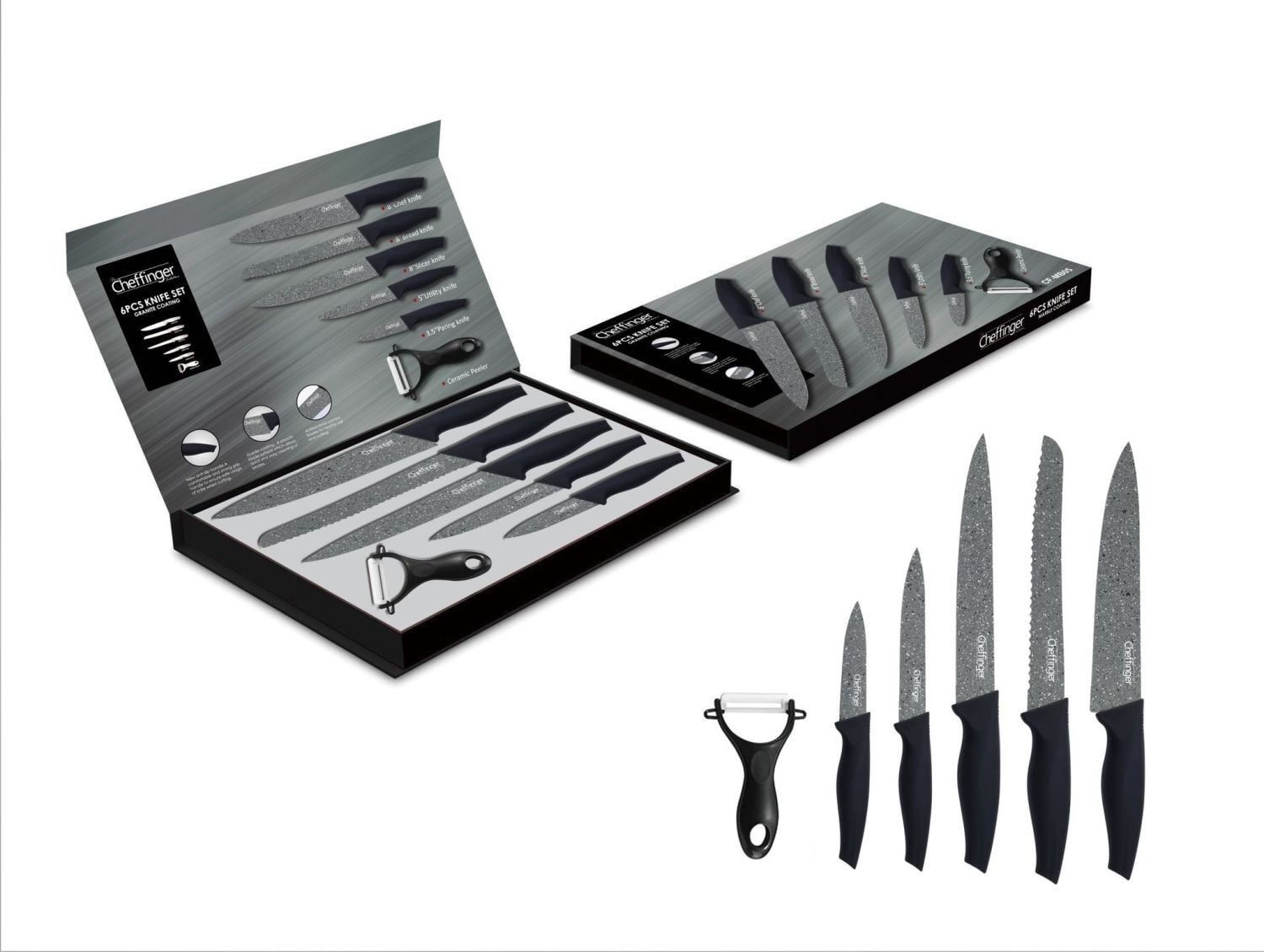 Cheffinger 6-delige messen set met broodmes, koksmes en vleesmes