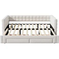 MODFU Daybett Samt Beige mit MDF-Rahmen, ausziehbar, 2 Schubladen, Liegefläche 90x200 cm