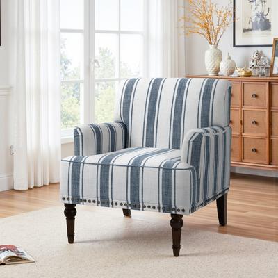 Uixe Striped Upholstered Linen Armchair with Brass Nailhead Trim