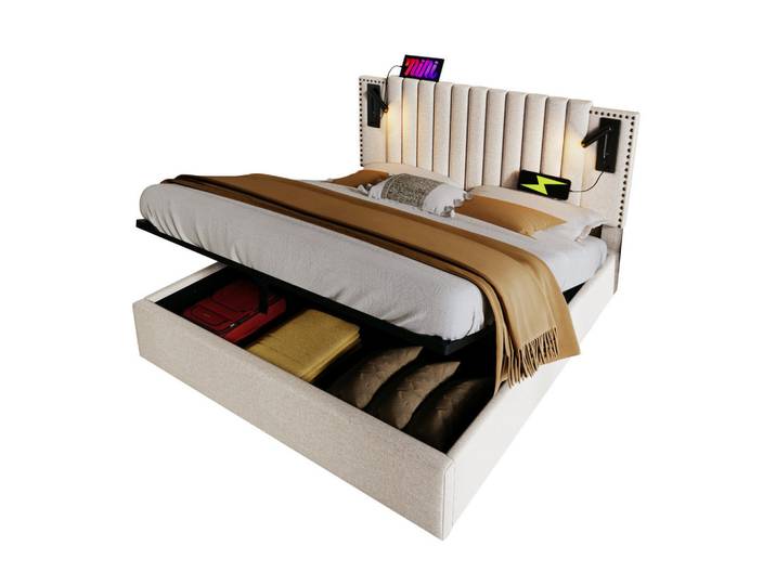 Okwish Polsterbett 160/200 cm Beige mit Stauraum und Leselicht, 160x200 cm, Schlafzimmer, Betten, Polsterbetten