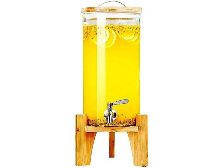 LYXXW Getränkespender 15 Liter aus Glas - Getränkespender Fass mit Zapfhahn für Saft, Wasser, Cocktails, Milch & Eistee - Retro Getränkespender für Partys, Picknicks & Grillabende