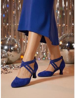 LightInthebox Women's Dance Boots Blue Suede Ankle Dance Shoes with Cross Strap Design Low Heel for Latin Dance, Salsa, Ballroom Practice and Performance