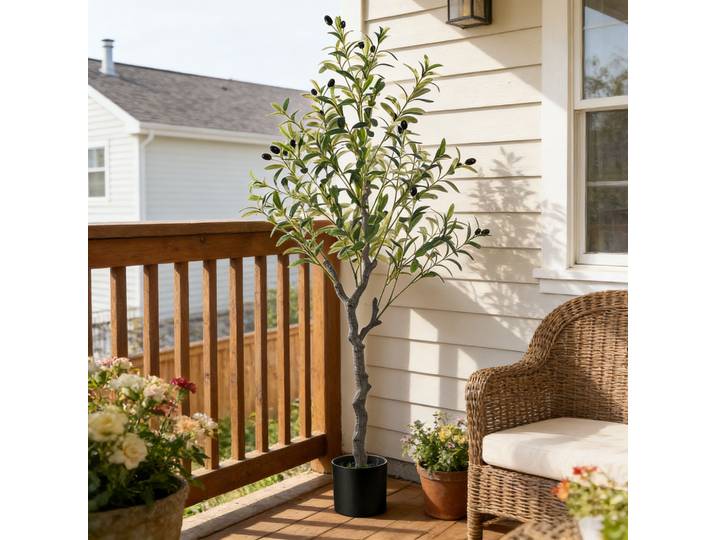 1 arbre d'olivier artificiel de 120 cm de haut, plante artificielle pour la décoration de la maison, du balcon, du bureau, du jardin, intérieur et extérieur, arbre en plastique en pot