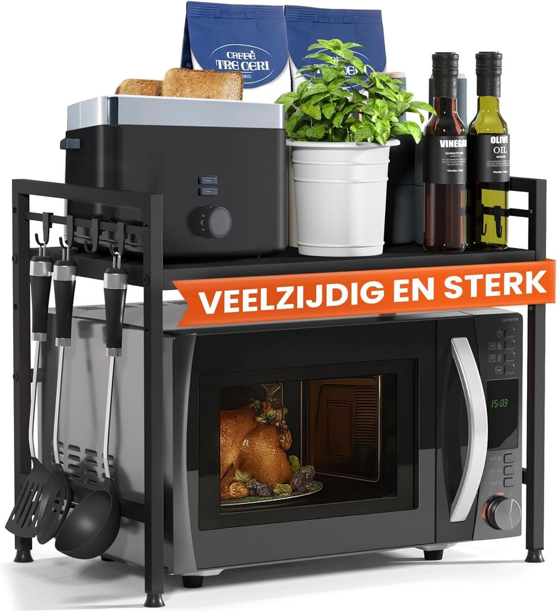 Famanu Staand magnetronrek 2-laags - Verstelbaar keukenrek met haken - Zwart