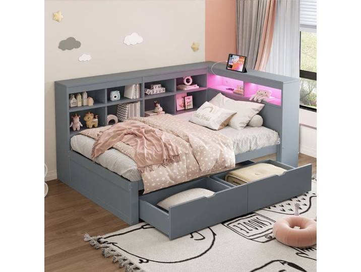 Lit une personne - SOGEU - 90x200 - Bois massif - Rangement intégré (tiroirs) - LED multicolore & ports USB