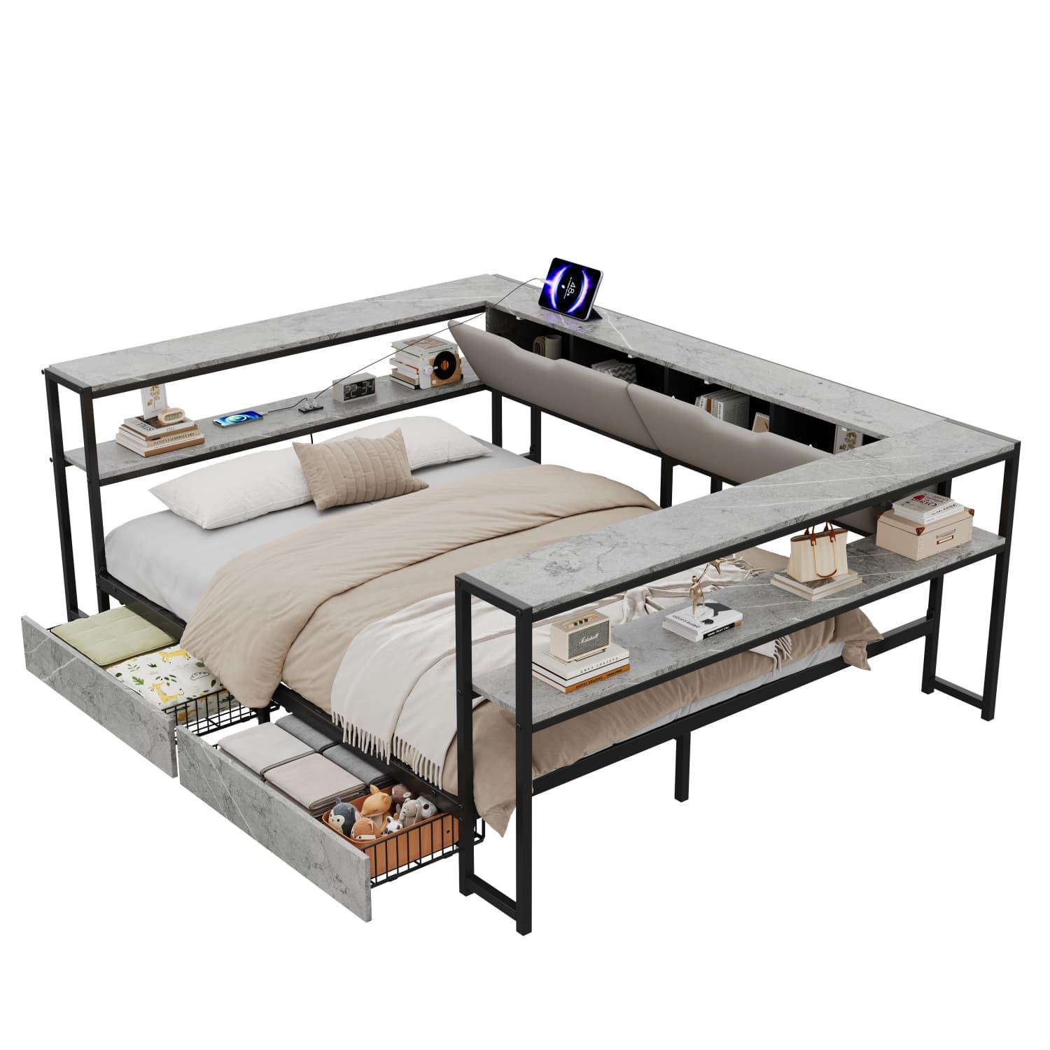 Polsterbett Schlafsofa Daybett 140x200 mit USB&Typec-Ladestation, Tagesbett, Jugendbett mit 2 Schubladen und Lattenrost aus Metall,
