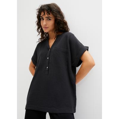 Kurzarmbluse BONPRIX, Damen, Gr. 40, schwarz, Obermaterial: 100% Baumwolle, loose fit, Blusen, aus Baumwolle, loose fit Passform, mit aufgesetzter Tasche