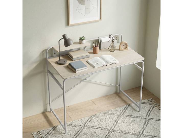 HOMCOM Bureau Moderne Chêne avec Étagère Métal 98x48x88,5 cm
