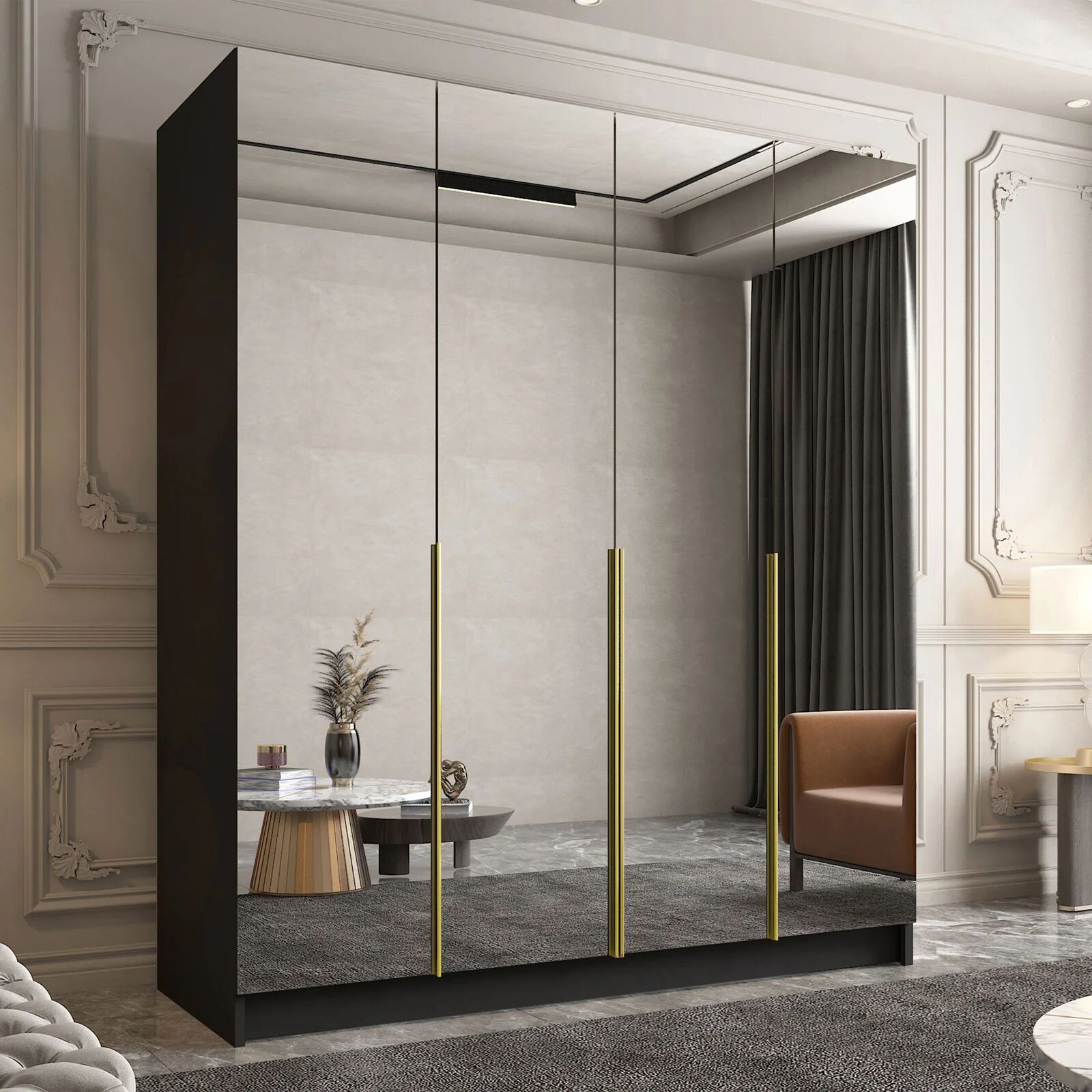 garneroarredamenti Armadio 200x215h cm 4 ante 4 specchi moderno nero oro Glammy 4
