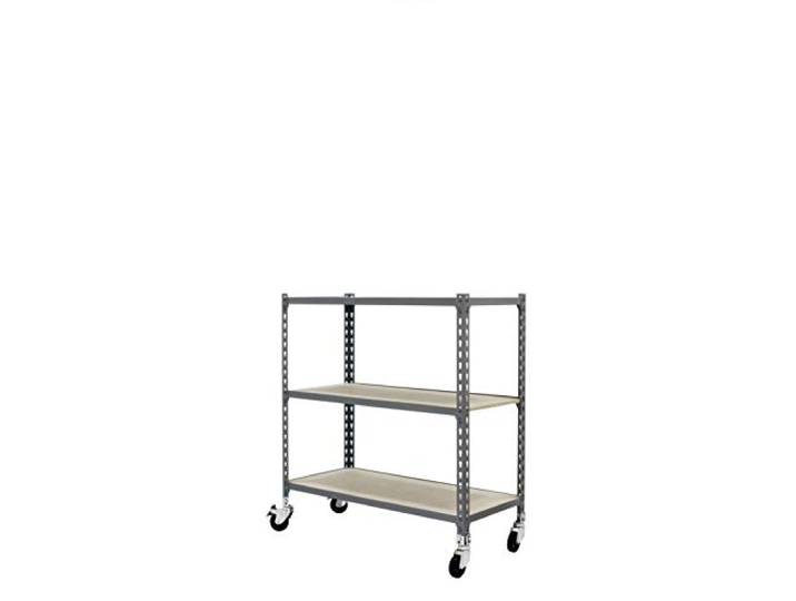 Simon Rack Metallregal mit Rollen 975x1000x300 mm - Maderclick 3 Höhen, Holzablage, Biegepunkt 75 kg, Korrosionsschutzlackierung, Klicksystem-Montage, Grau