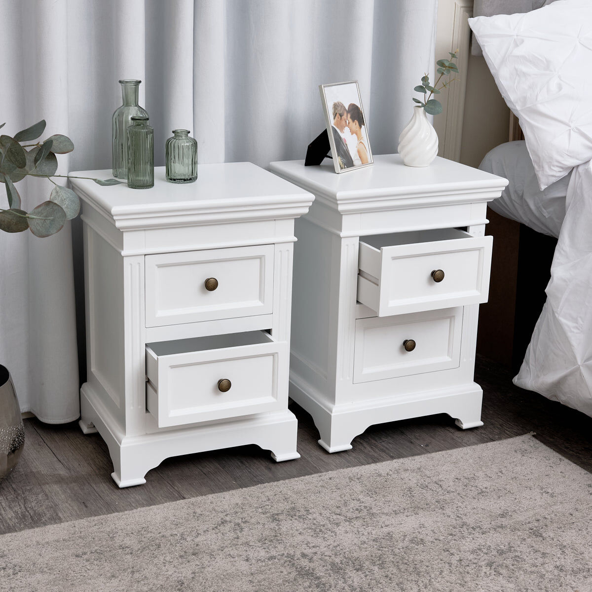 Pair of White Two Drawer Bedside Tables - Daventry White Range Wood, Metal