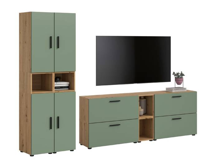 furnling Wohnzimmer-Set Onea, (12-St), 4 Klappen, 4 Türen, 4 offene Fächer, Breite 259 cm, Artisan Oak/grün