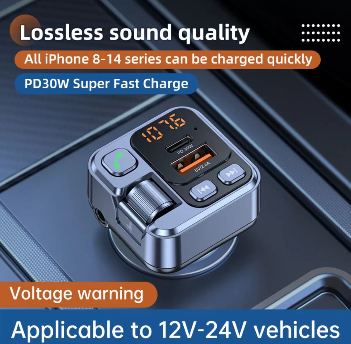 INF Transmetteur FM Bluetooth voiture MP3 - Bluetooth 5.1, Double USB 5V 2.4A + PD30W, Appels mains-libres, Boîtier ABS noir