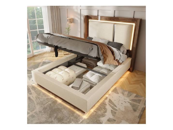 Flieks Polsterbett, Hydraulisches Stauraumbett 90x200cm mit Lattenrost & LED-Beleuchtung