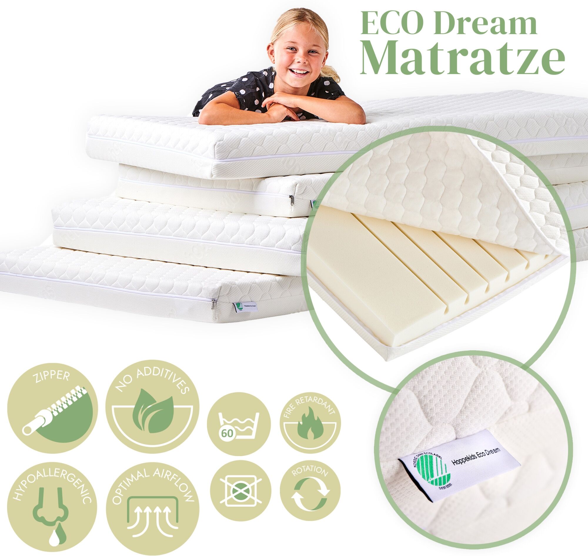 Spielbett HOPPEKIDS "ECO Dream - Flexibles umbaubares Hochbett aus Massivholz", grün, B:81cm H:105cm L:168cm, Vorhang: 100% Baumwolle, Matratzenbezug: 23% Bambus.77% Polyester, Matratze: Waterlily Matratzenkern, Betten, Spielbett, Vorhang aus 100% Baumwol