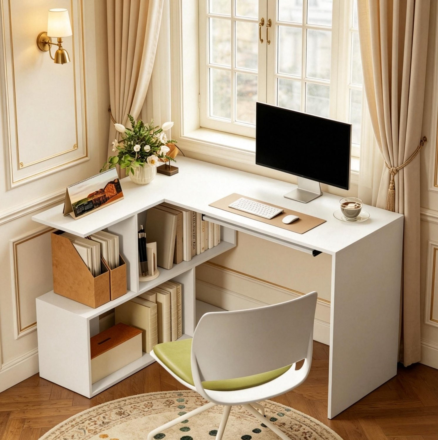 CHICFURN Hoekbureau L-vormig met toetsenbordlade en opbergrek - Wit