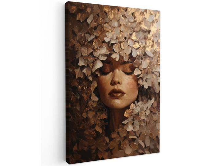 LEINWANDBILD Gesicht - Dame - Blätter - Pinselstriche Wanddeko 40x60 cm