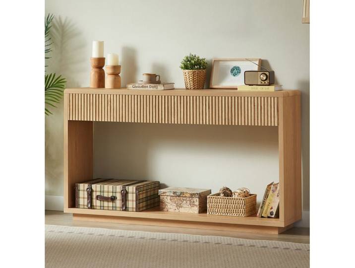 VUENOR Table console d'entrée 150x35x85 cm chêne clair – 2 tiroirs et niche ouverte