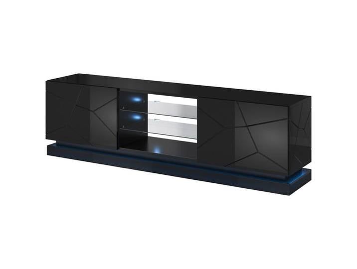 Meuble TV noir brillant - CAMA MEBLE - Modèle QIU - 200 x 42 x 57 cm - 2 portes - Stratifié / MDF / Verre - 64 kg