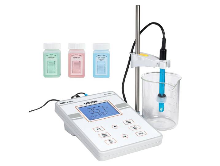 Appareil de mesure du pH de table VEVOR\, plage de mesure du pH de 0 à 14\, kit de testeur de laboratoire avec rétroéclairage\, solutions de calibration\, alimentation\, mémoire pour jusqu'à 50 mesures\, pour les mesures de température et de qualité de l'eau
